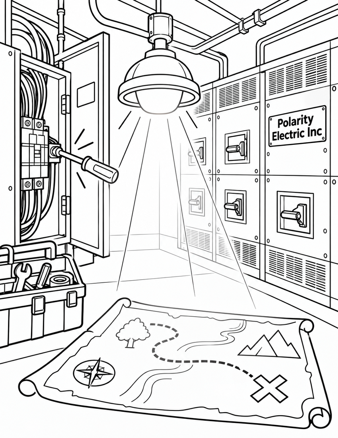 An electrician secures one final connection and a large lantern illuminates a simple treasure-style floor map that a child can now follow.
