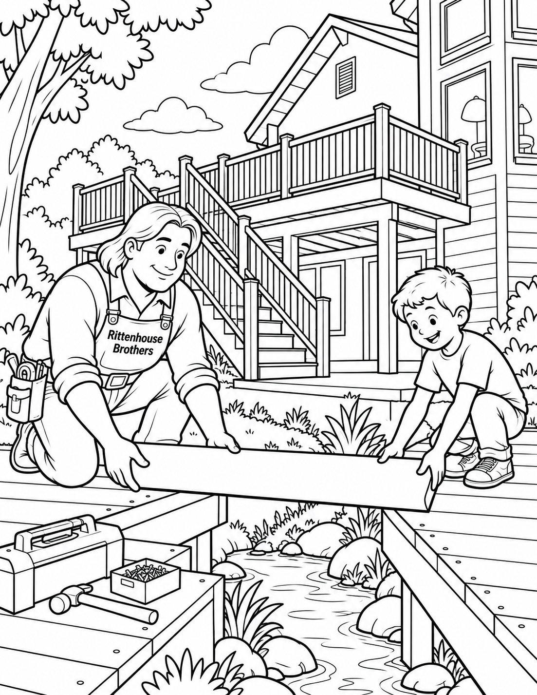 A shoulder-length-haired adult and crouching child hold opposite ends of a broad white plank spanning a small stream between two deck platforms.
