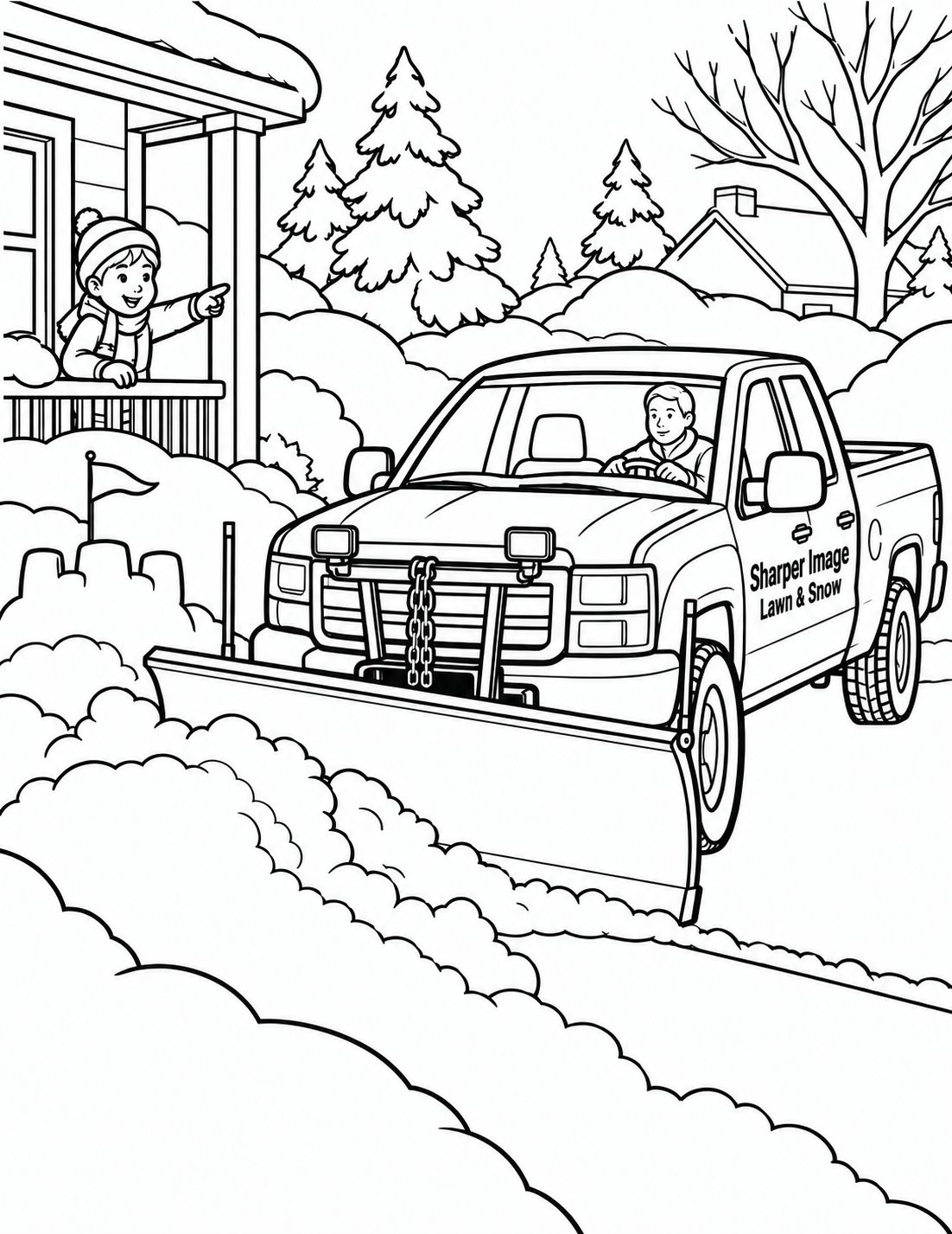 A pickup snowplow clears a lane beside a snow fort as a child watches from the porch.