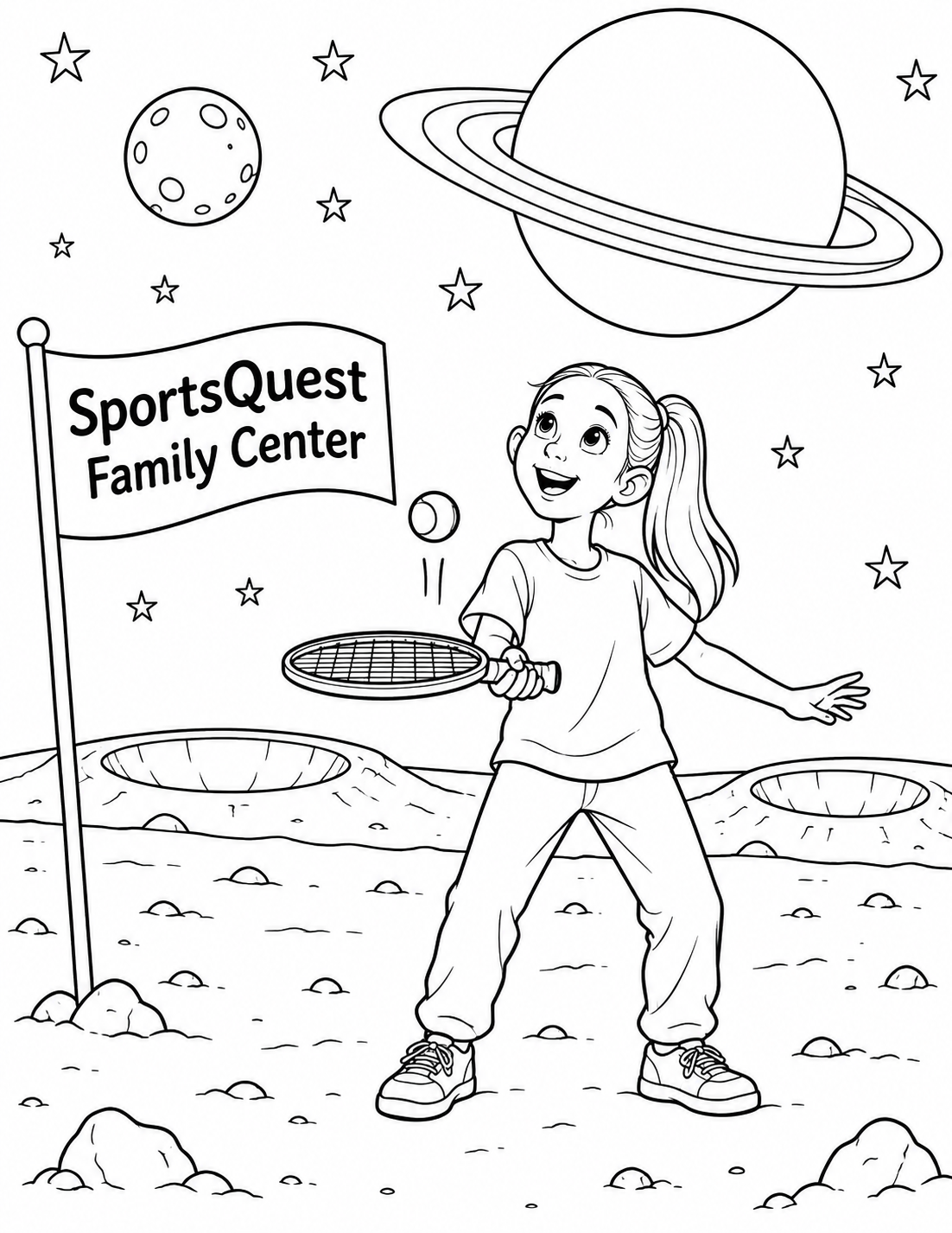 An uncovered ponytailed girl plays a tennis tap-up game beneath a huge ringed planet.