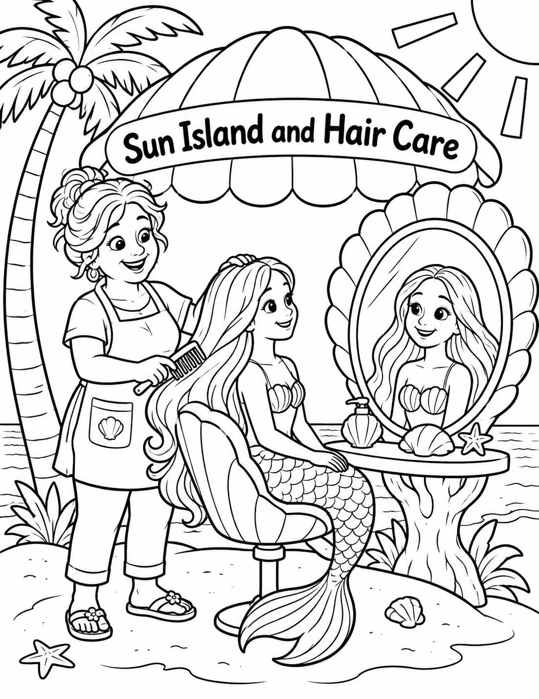 A warm middle-aged stylist arranges a mermaid client’s hair beside a giant shell mirror in a breezy island salon.
