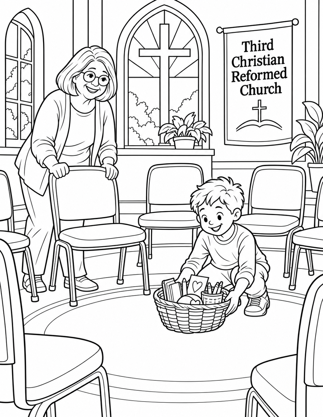 An older woman rolls the final chair into a broad community circle while a child places one simple activity basket in the middle.