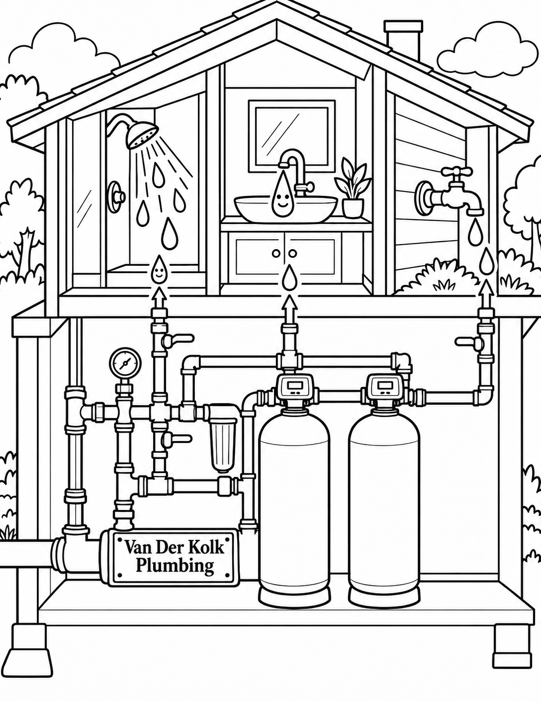 A person-free house cutaway connects a basement-like pipe-and-tank illustration to shower, sink and outdoor-tap destinations through upward arrows and outlined droplets; two droplets smile.