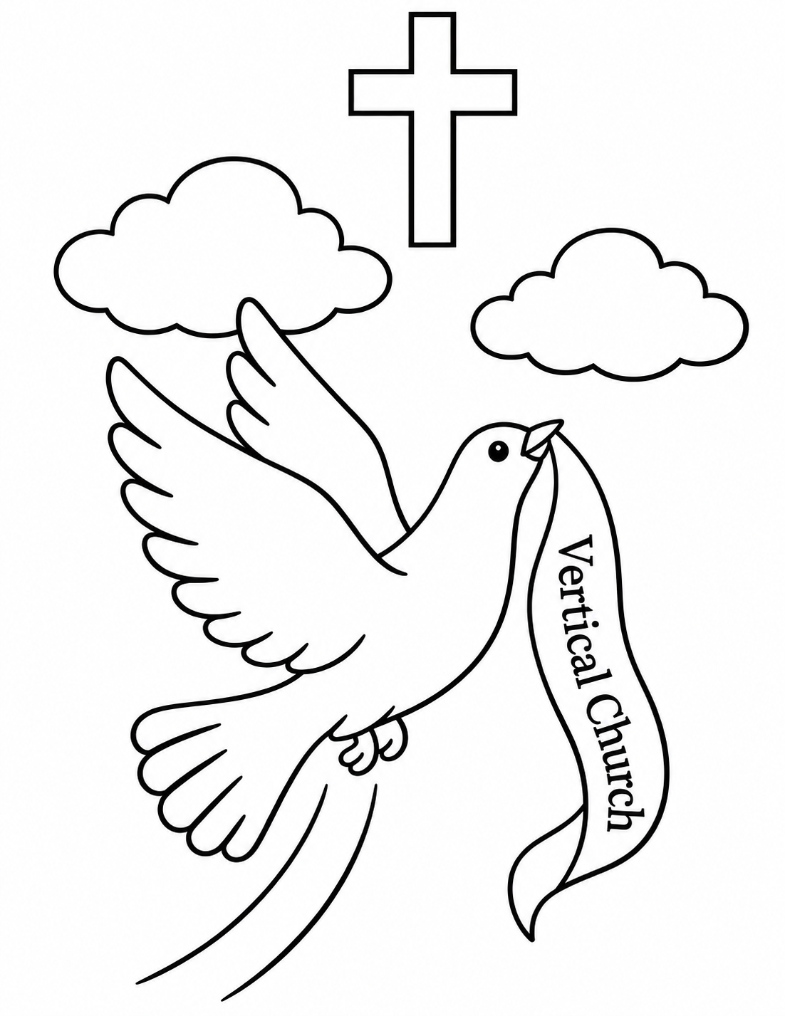 A dove carries a Vertical Church ribbon upward between clouds toward a cross.