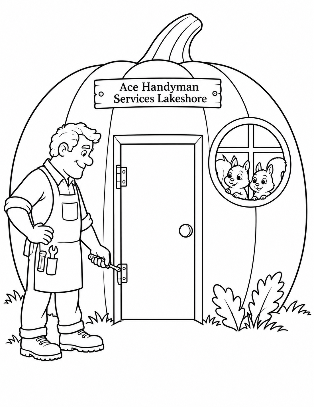 A handyman helps two squirrels by repairing their pumpkin-home door hinge.