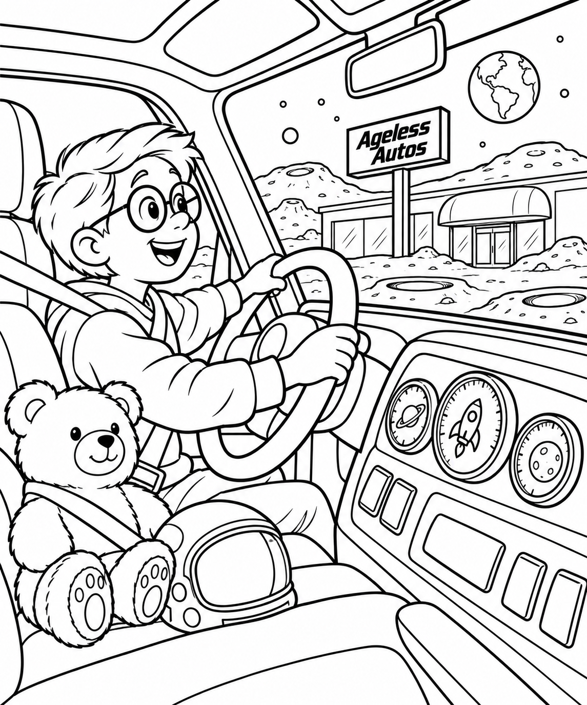A boy and teddy imagine a moon mission from a vehicle cab, with rocket gauges and Ageless Autos visible as a lunar outpost.