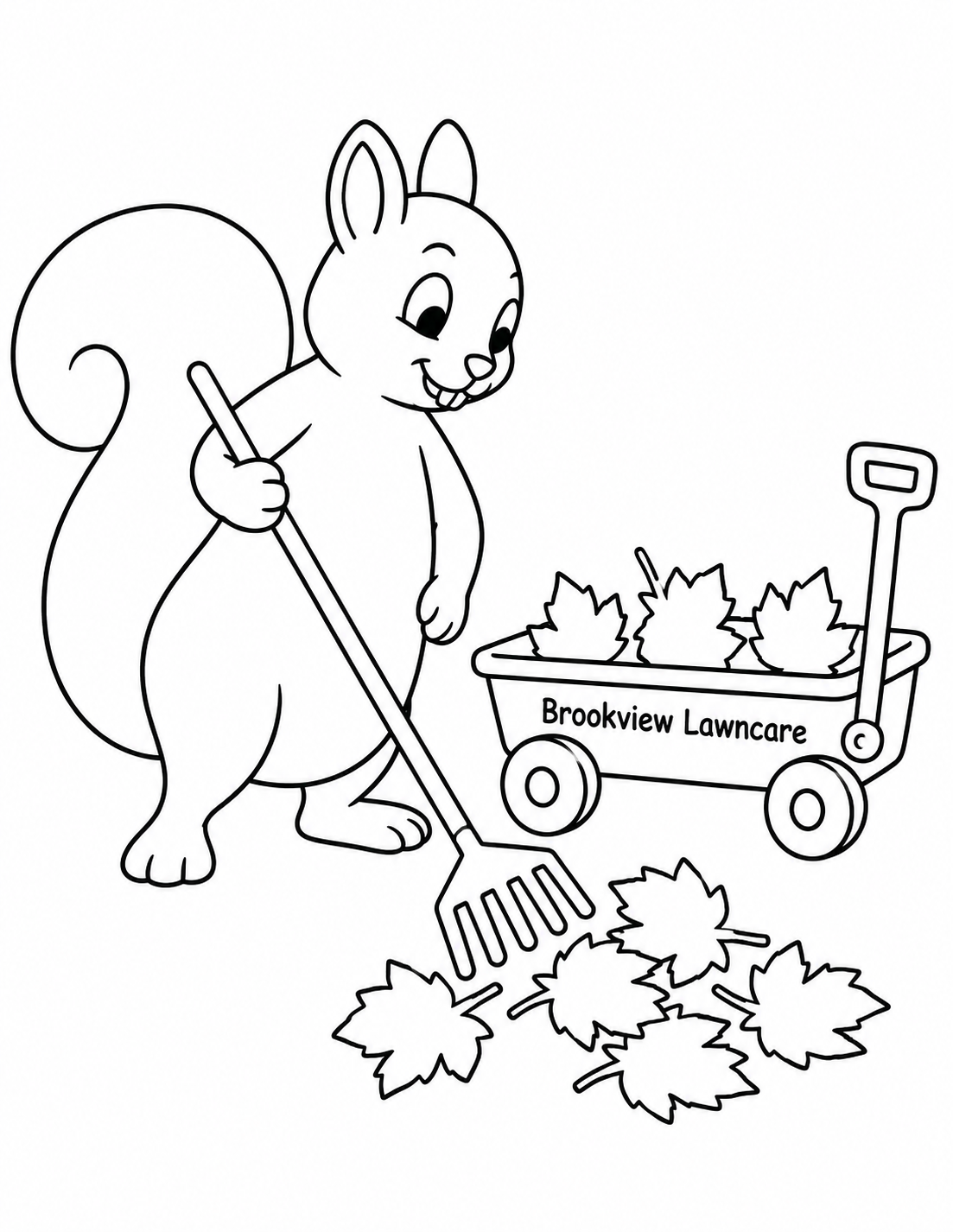 A friendly squirrel gathers autumn leaves with a rake and small wagon.