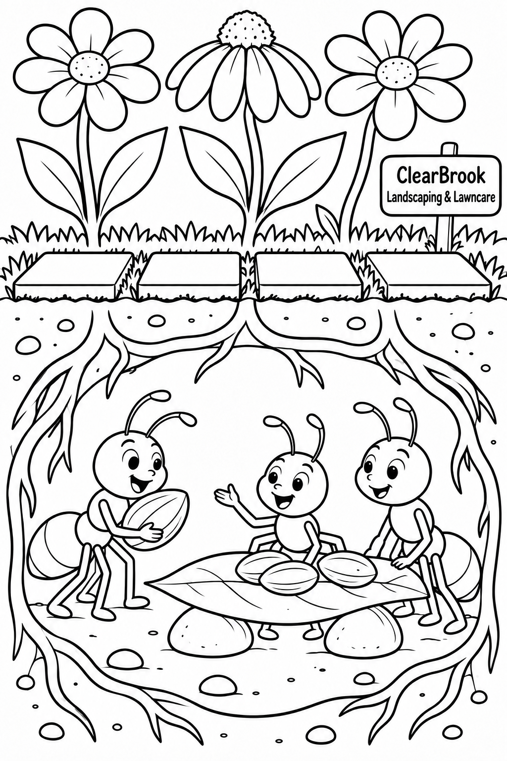 Friendly ants gather around a leaf-table picnic in an imagined chamber beneath a carefully tended flower garden.