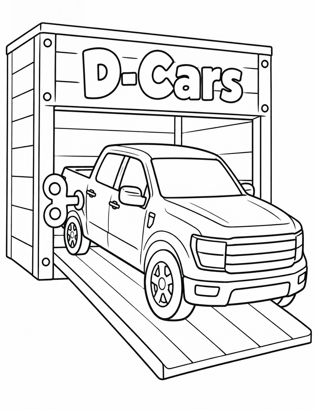 A wind-up toy pickup rolls from a wooden box down a broad ramp.