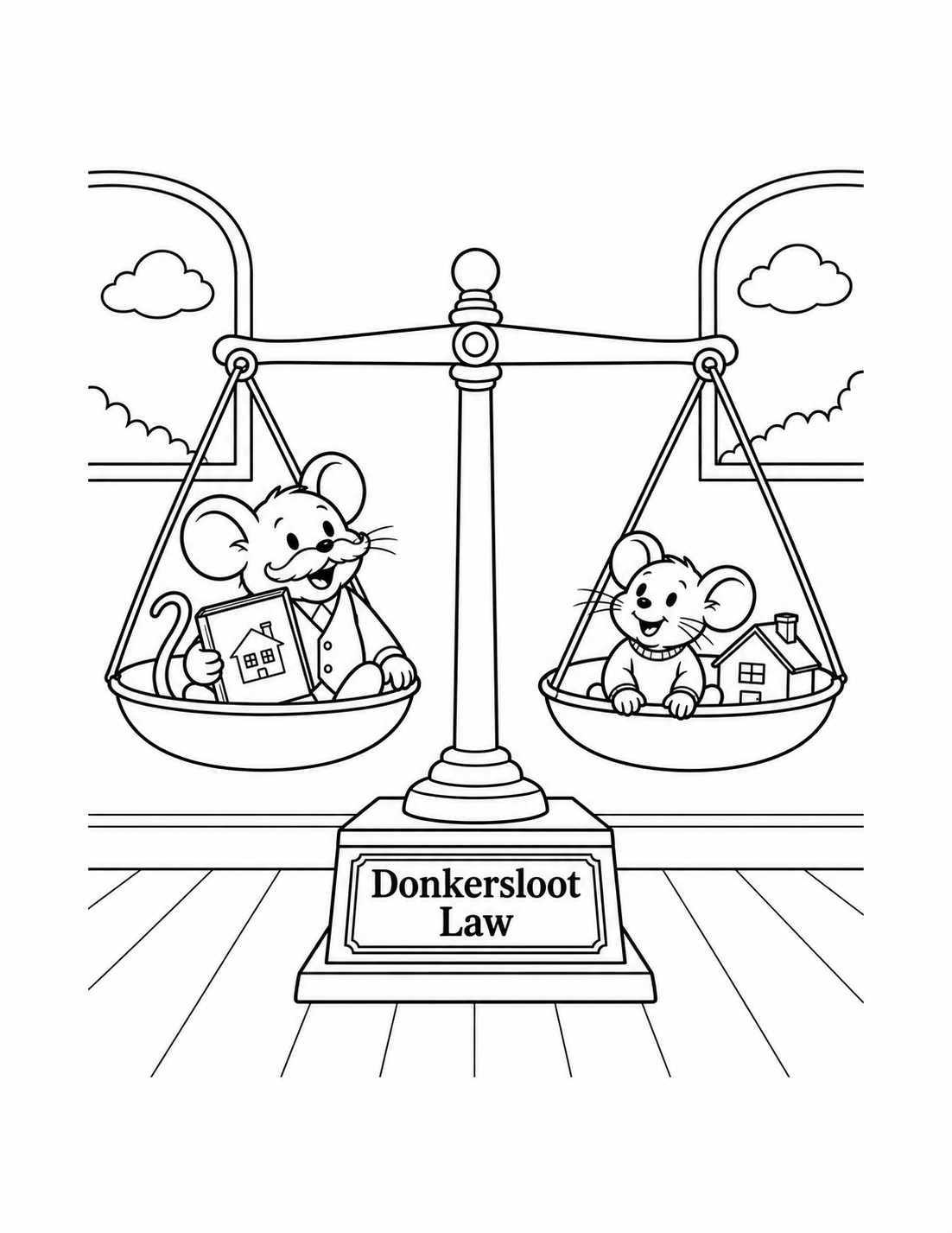 Two mice enjoy hanging scale pans with a family album and toy house.