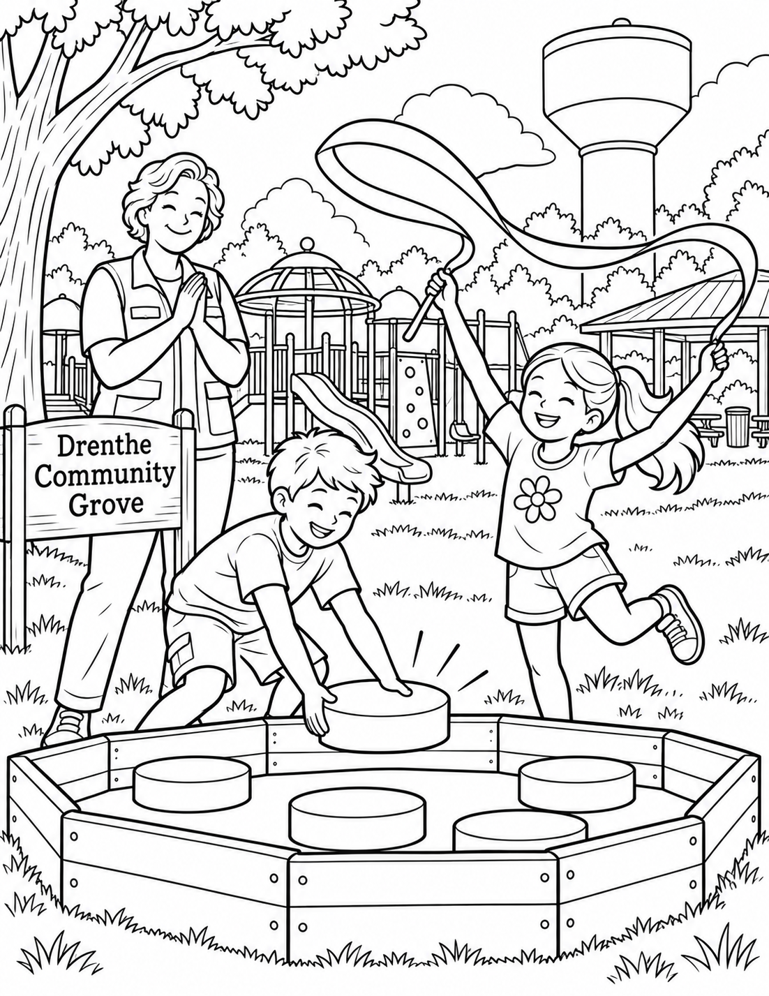 Two children place the final oversized game piece into a simple outdoor course and sweep broad ribbons overhead in celebration.