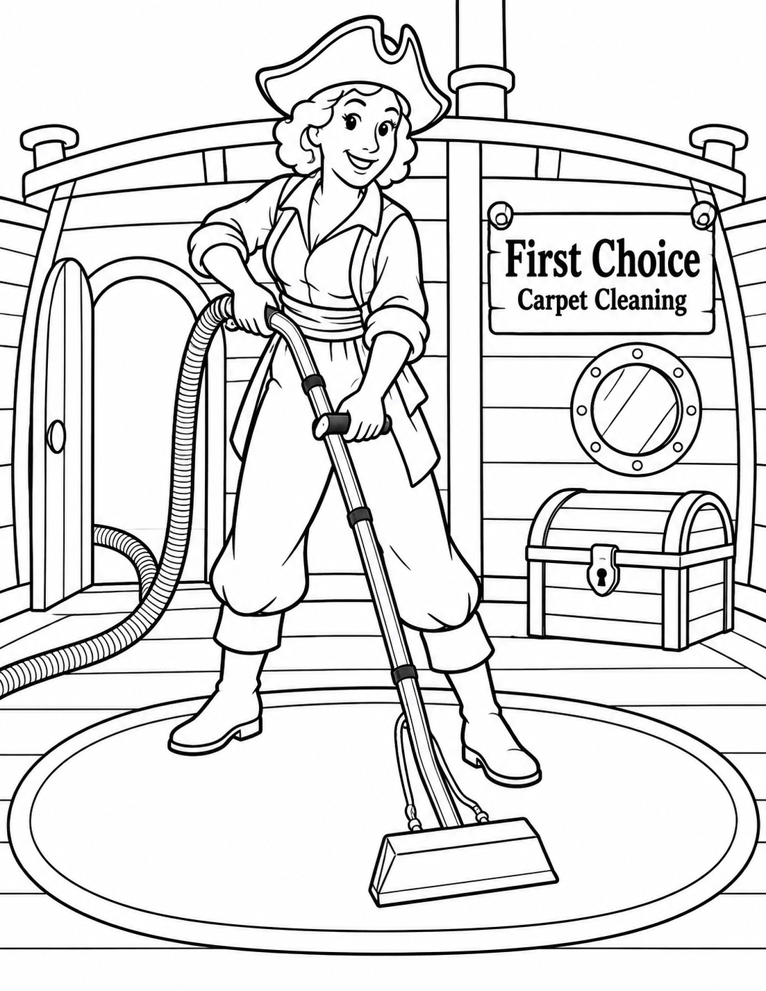 A woman pirate cleans a broad cabin rug with a carpet-extraction wand beside a closed treasure chest.