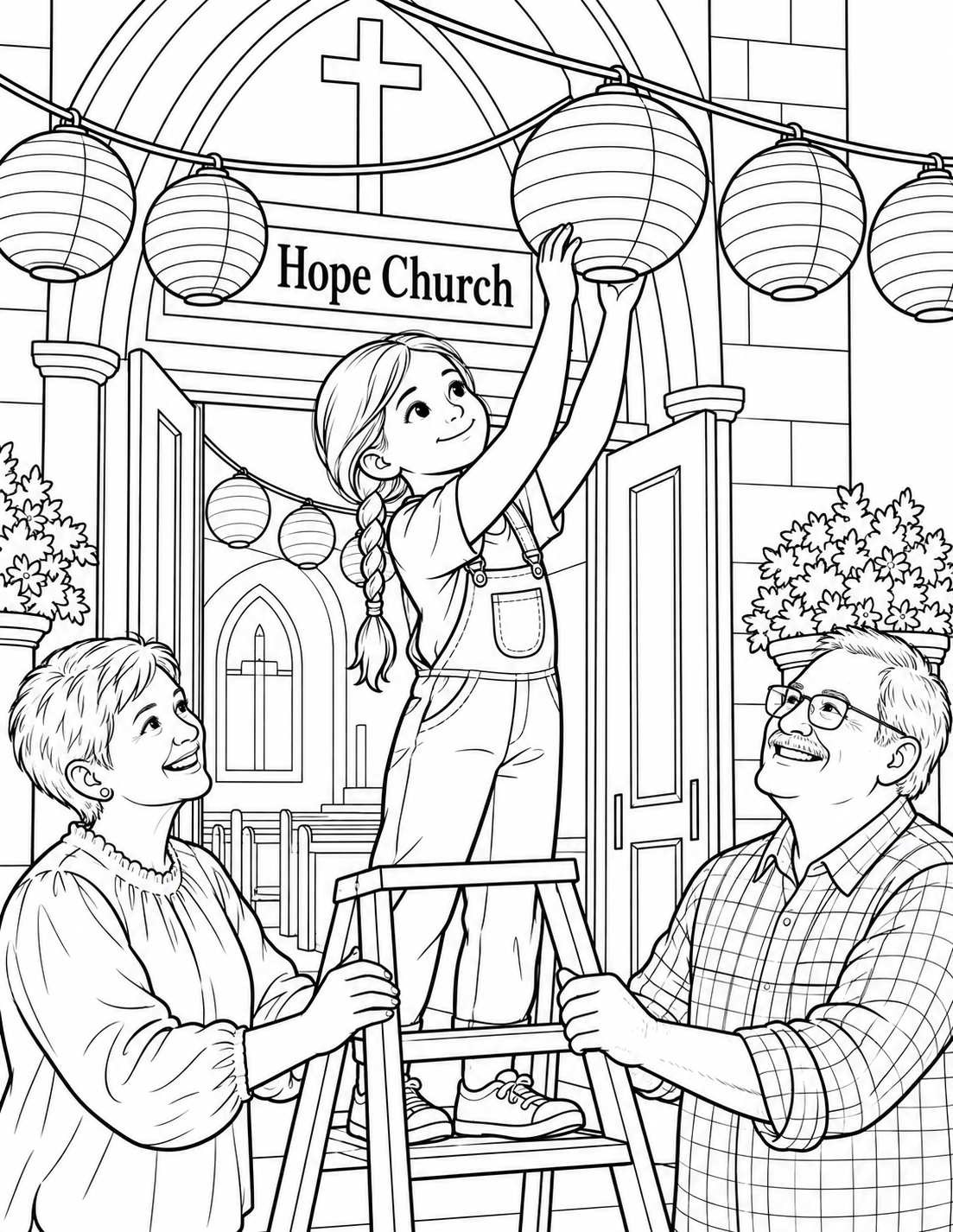 A child and two adults hang the final oversized paper lantern above the church doorway while a completed row curves into the entry.