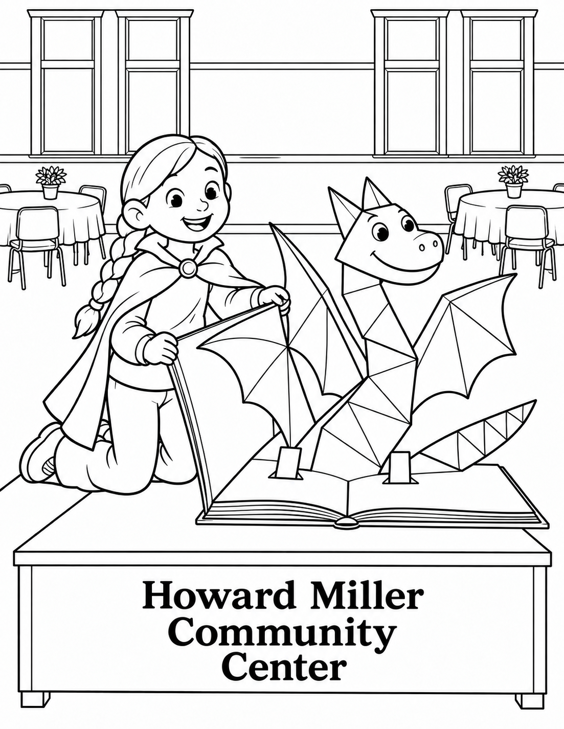 A kneeling child magician reveals a friendly folded-paper dragon from a giant storybook on a banquet-room stage.