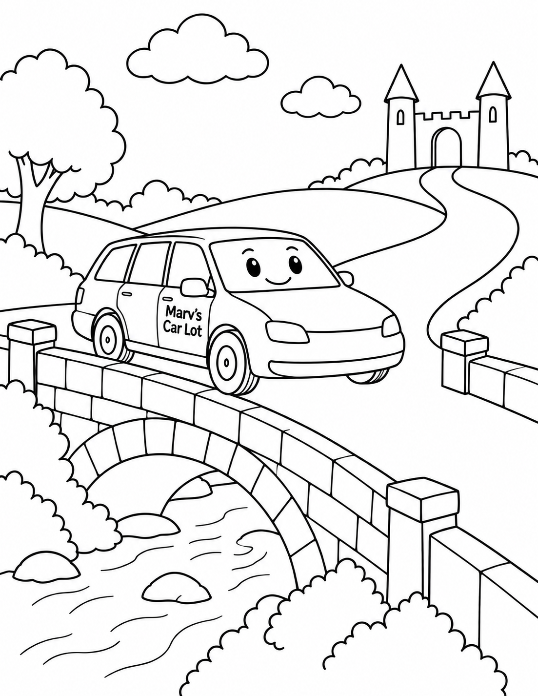 A smiling wagon follows a clean white bridge road toward a castle.