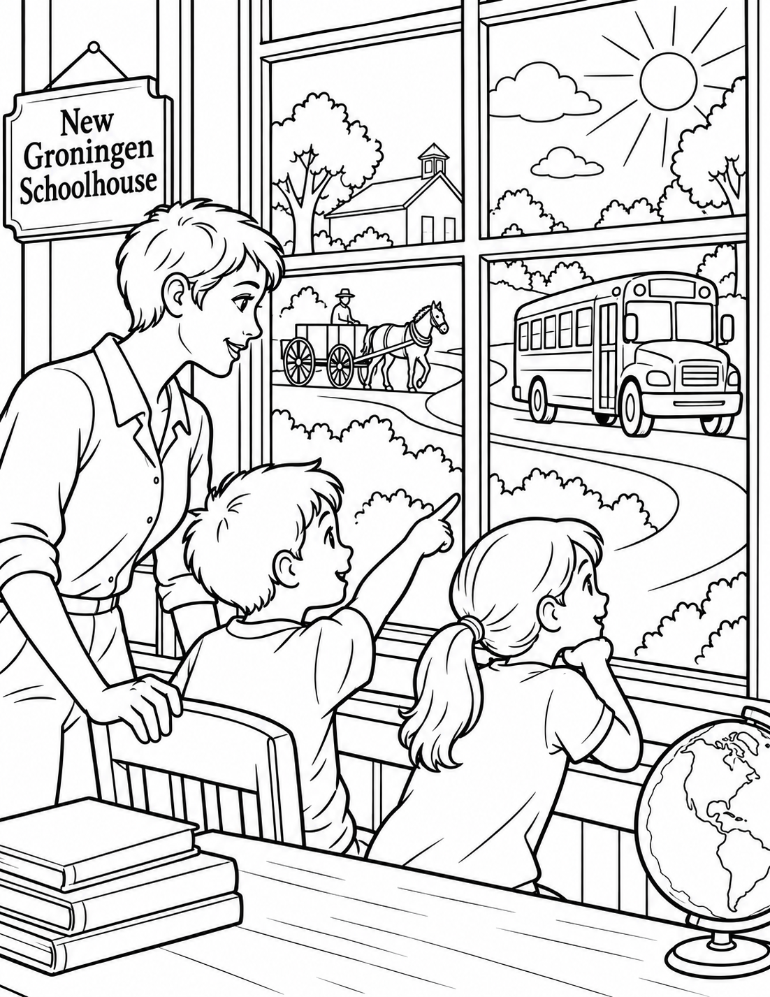 Two children look through one oversized old schoolhouse window; outside, broad paper shapes show a horse cart becoming a modern school bus along one path.