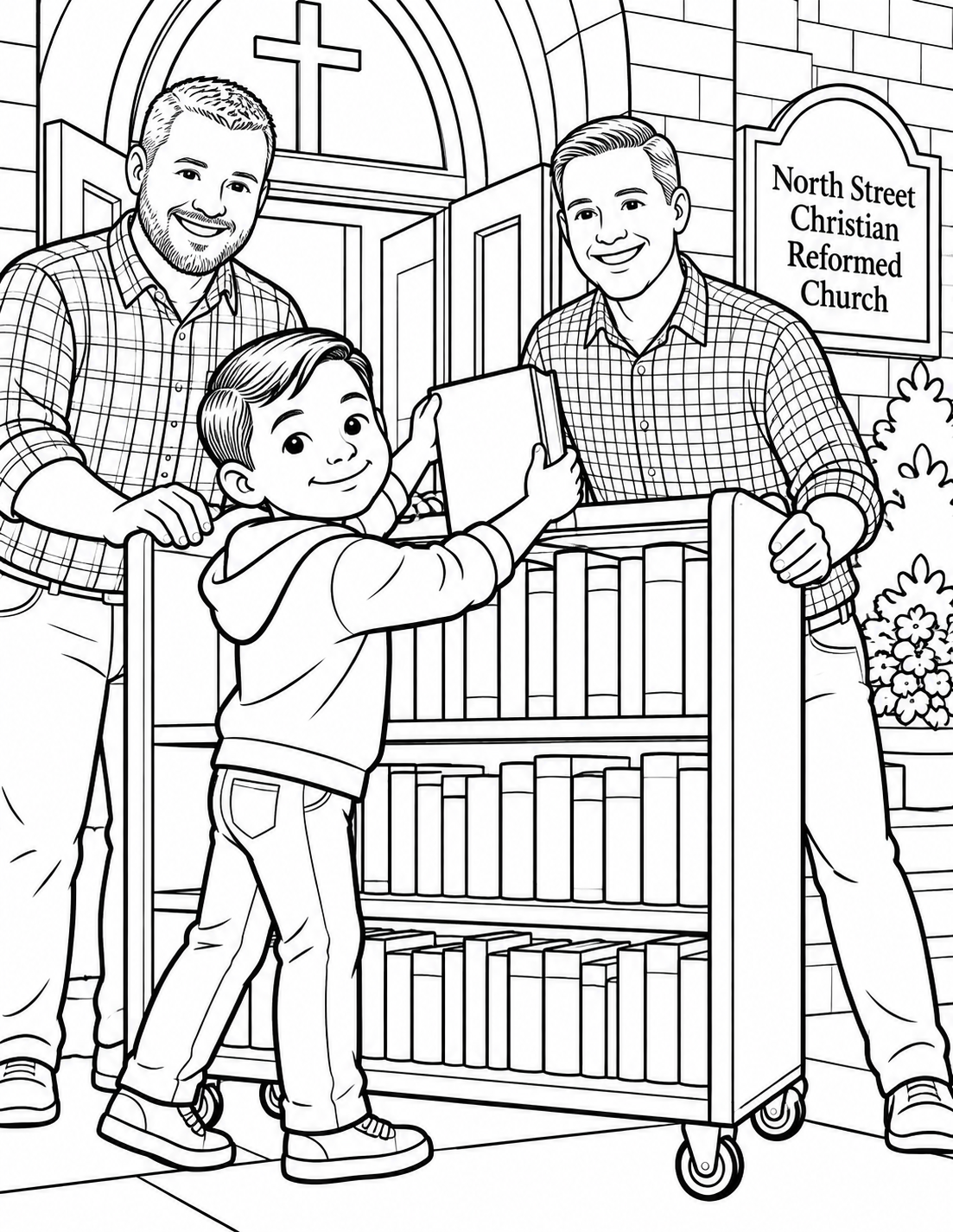 A child slides the final oversized book into a wheeled community shelf while two adults steady it at the church entrance.