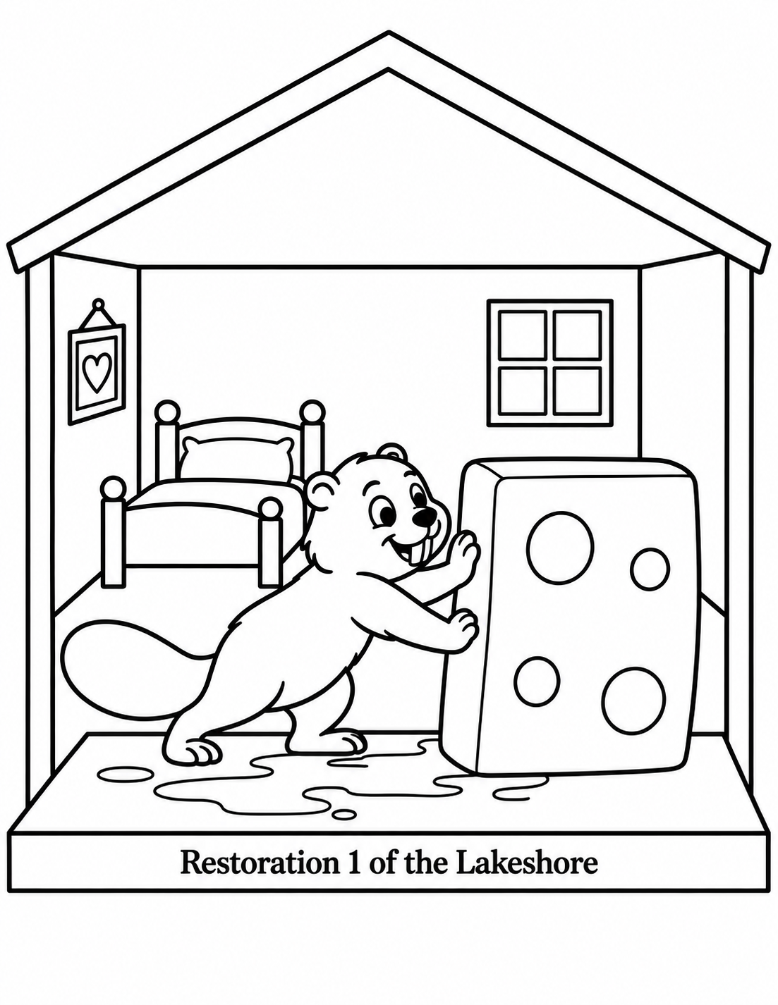 A beaver pushes a large sponge across a puddle inside an open-front dollhouse.