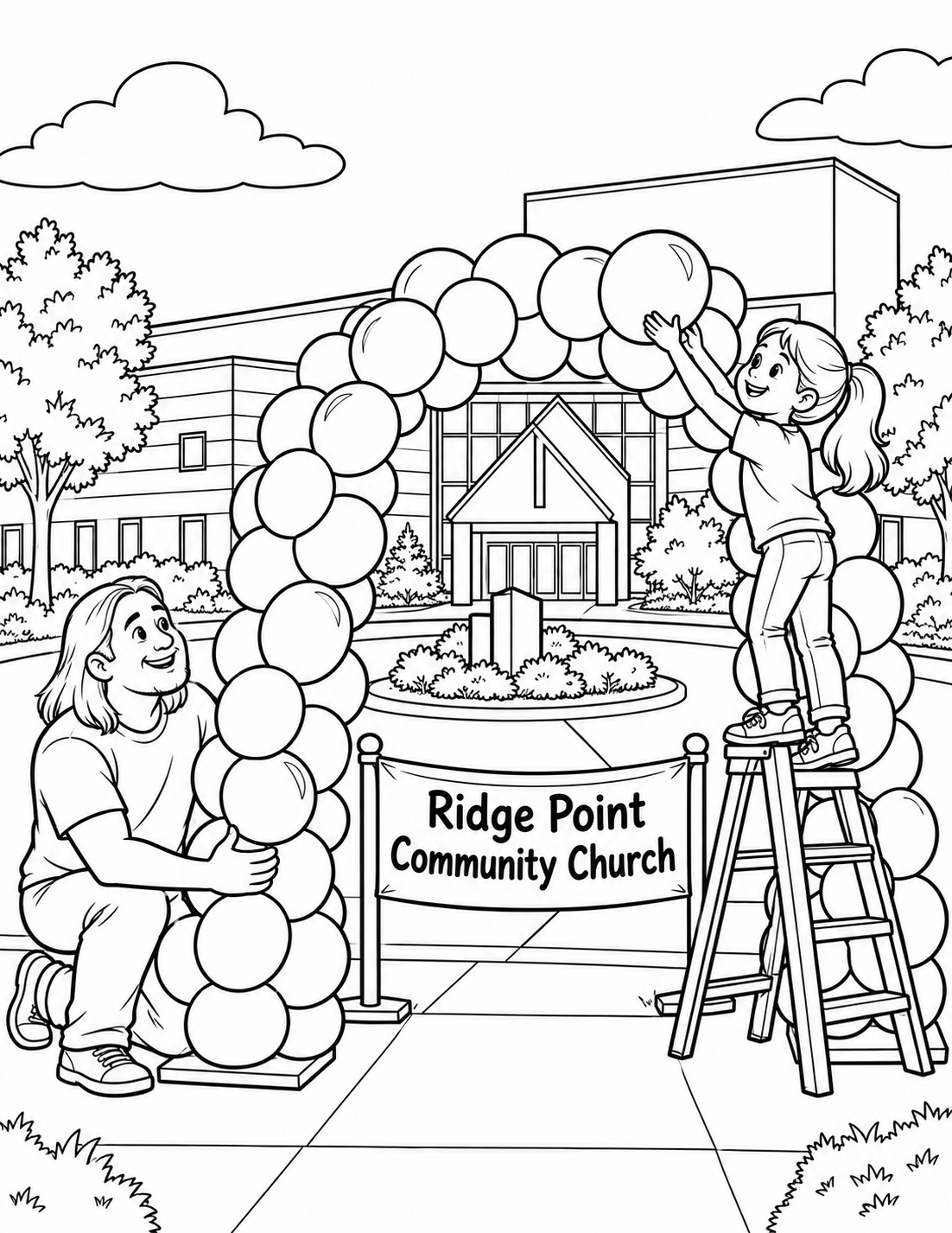 A parent and child attach the final broad balloon loop to a stable welcome arch while a church volunteer holds the base.