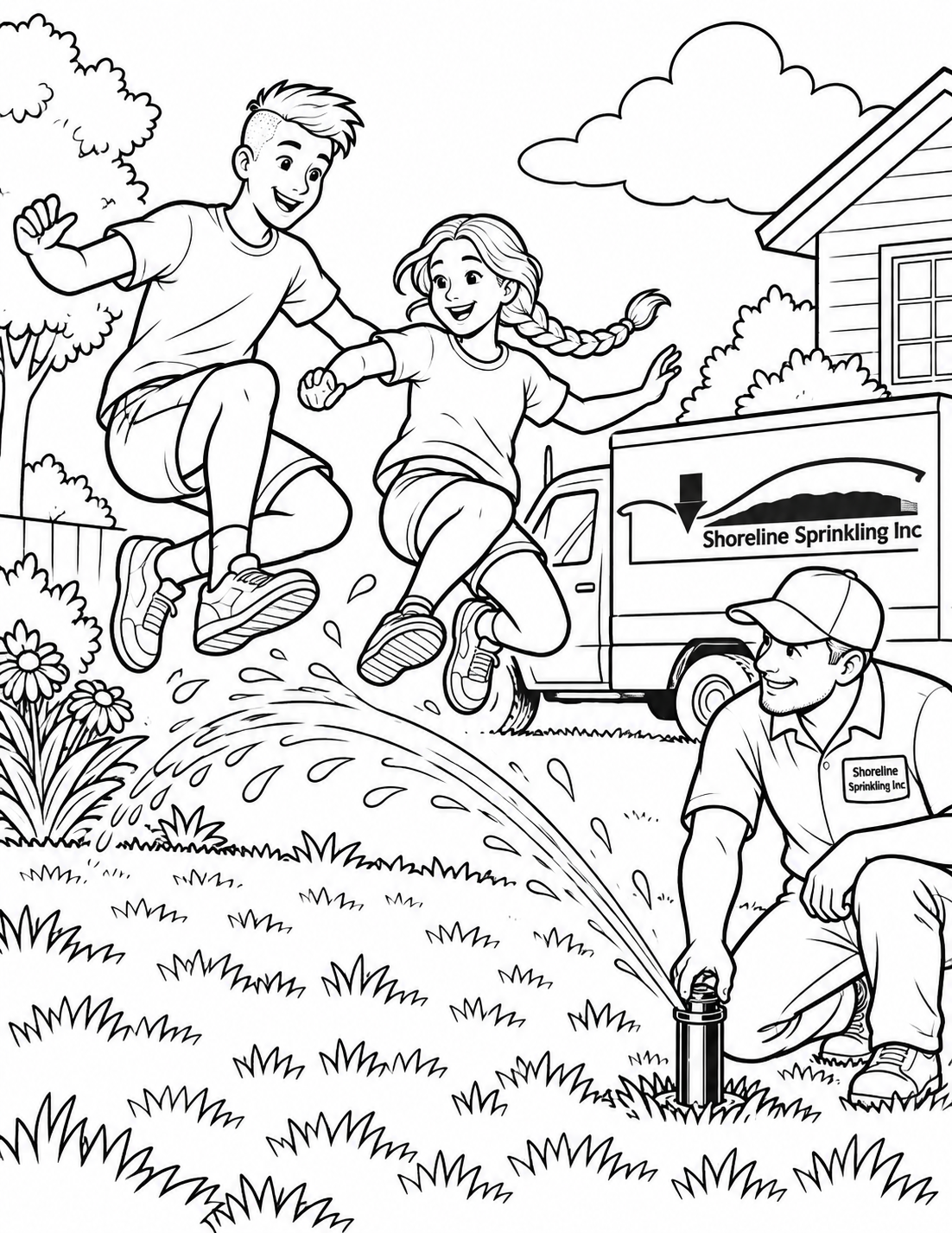 Two teens leap together over one low safe sprinkler arc while a worker adjusts the final head from the side; plants remain behind the water line.