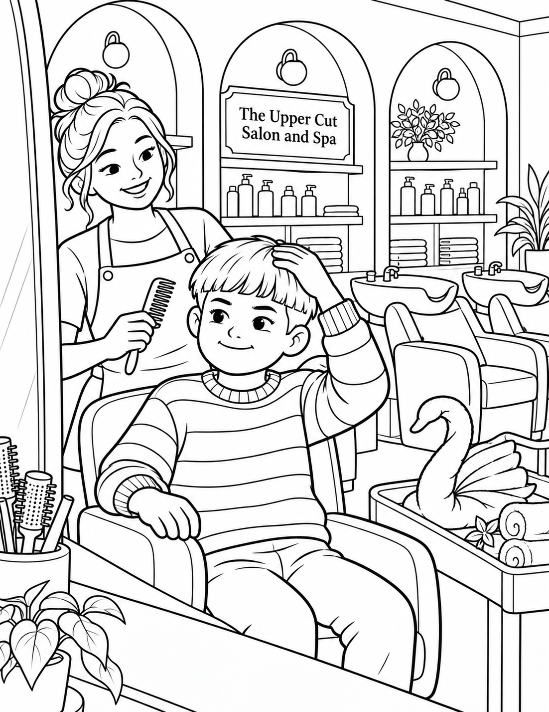 A stylist and child client pause beside a large mirror as one folded towel swan rests on a supported spa tray near the finished haircut.
