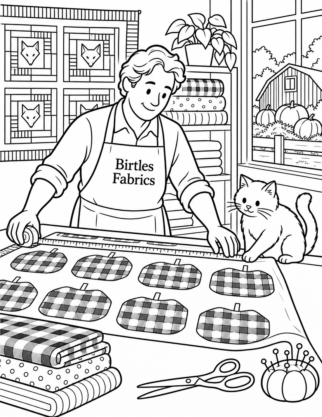 A maker measures a broad fabric panel while a cat gently pins the loose edge with one paw; tape follows the surface without impossible overlaps.