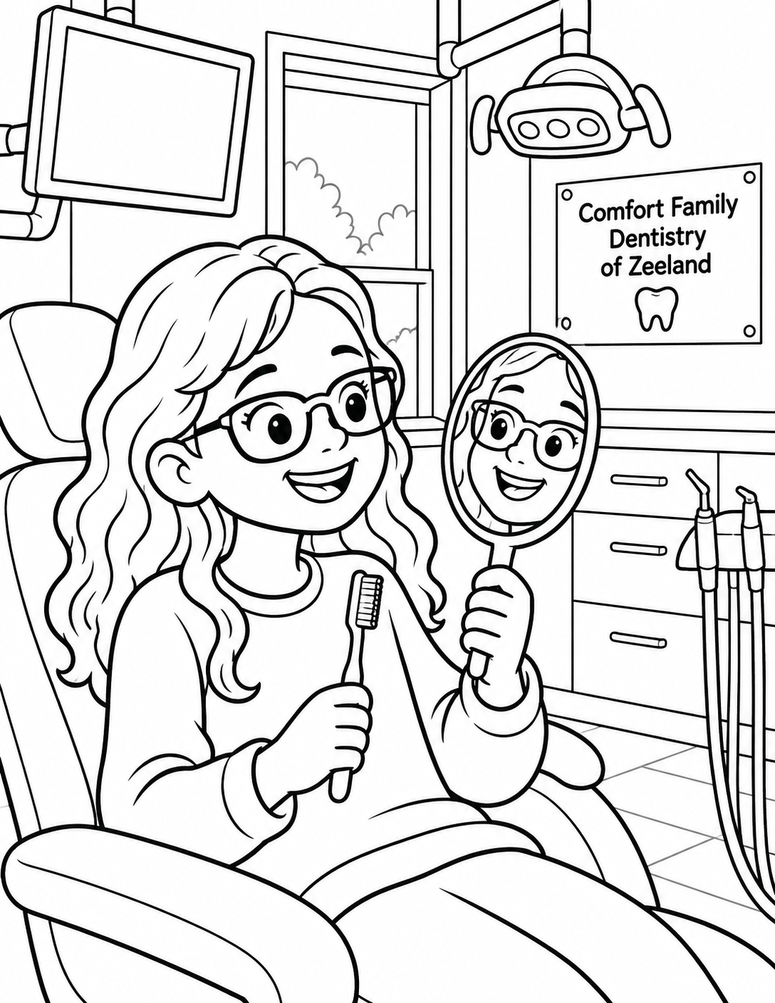 A child looks at their own smile in a handheld dental mirror; line of sight and reflection must correspond to the face.