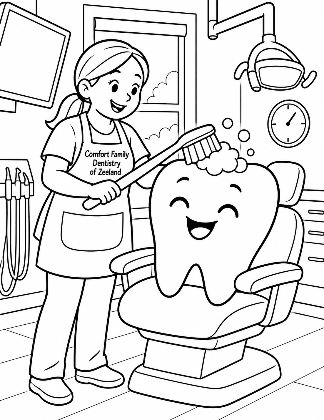 An imaginary gardener carefully tends a giant friendly tooth with a toothbrush-shaped tool; clear tooth outline and actual brush geometry.