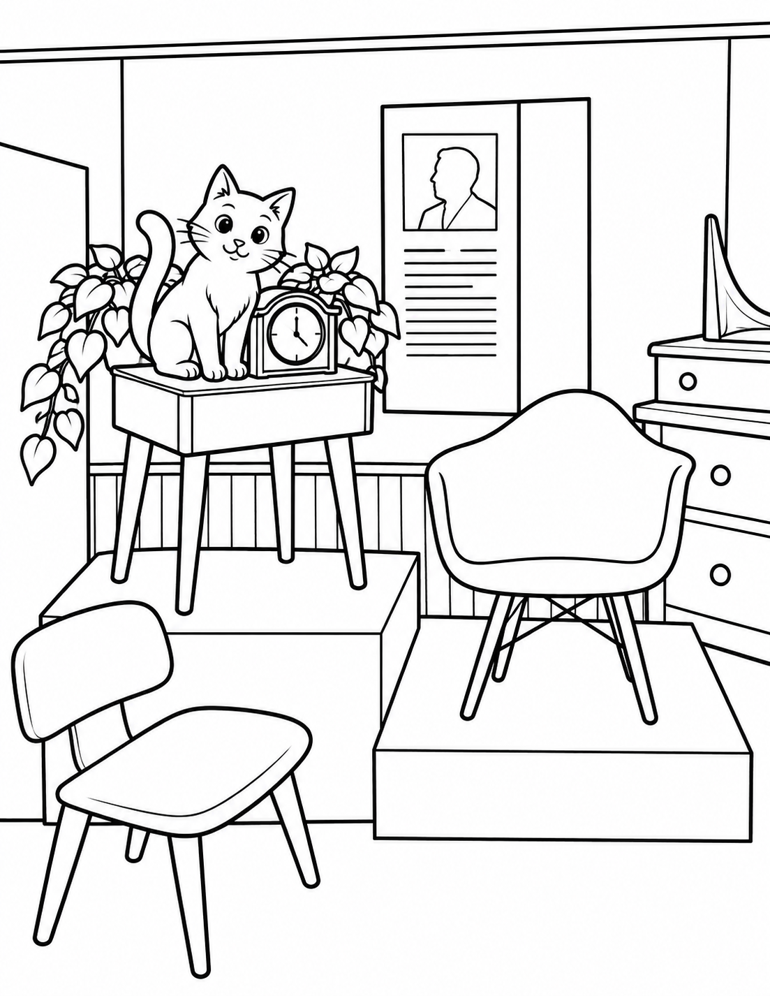 A clearly imaginary cat sits beside a referenced museum clock; retain the clock face, case and supports without inventing a room layout.