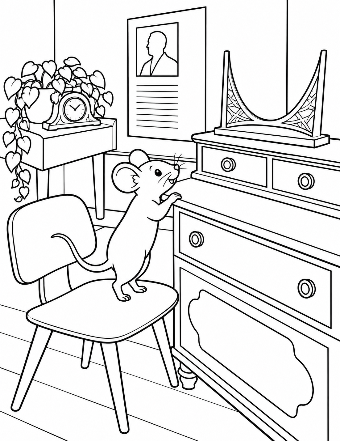 A mouse investigates a museum desk or household artifact selected from inspected room photos; close view anchors the actual object.