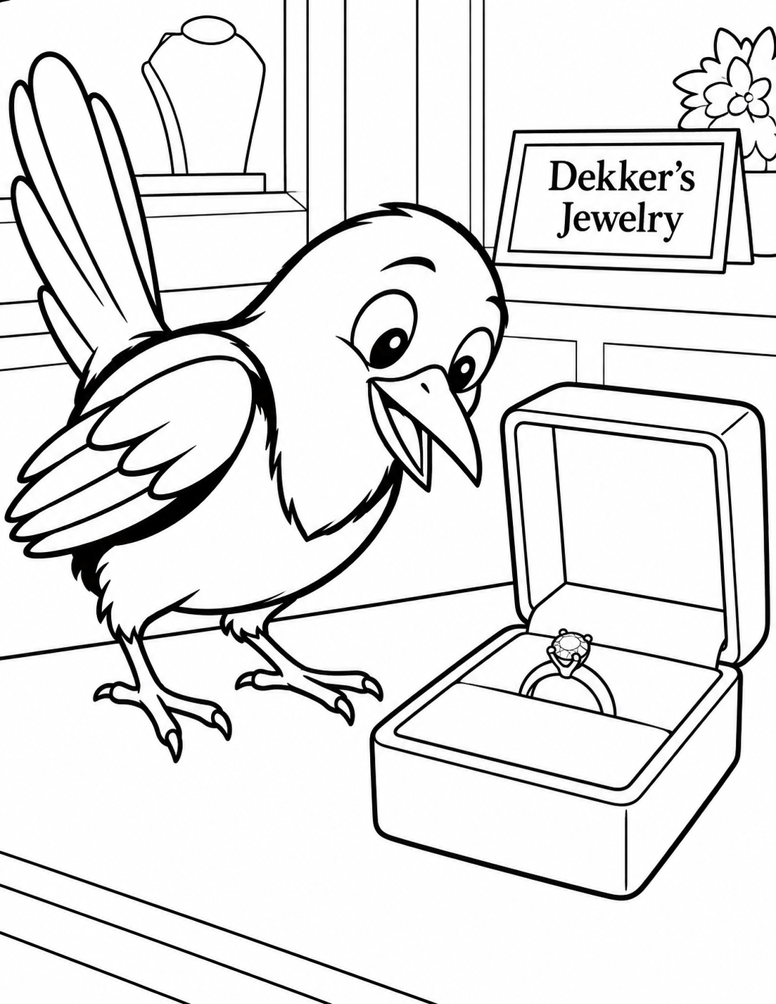 At Dekker's Jewelry, one curious magpie leans toward ONE open jewelry box. Inside the box is exactly ONE simple normal solitaire ring: one plain round band with one modest stone. The box is otherwise empty. Show no other rings, watches, bracelets, necklaces, loose gems or jewelry anywhere in the image. The magpie and box fill most of the page in a playful eye-level discovery moment. Put the exact text "Dekker's Jewelry" once on a small natural counter sign. Do not add other lettering.