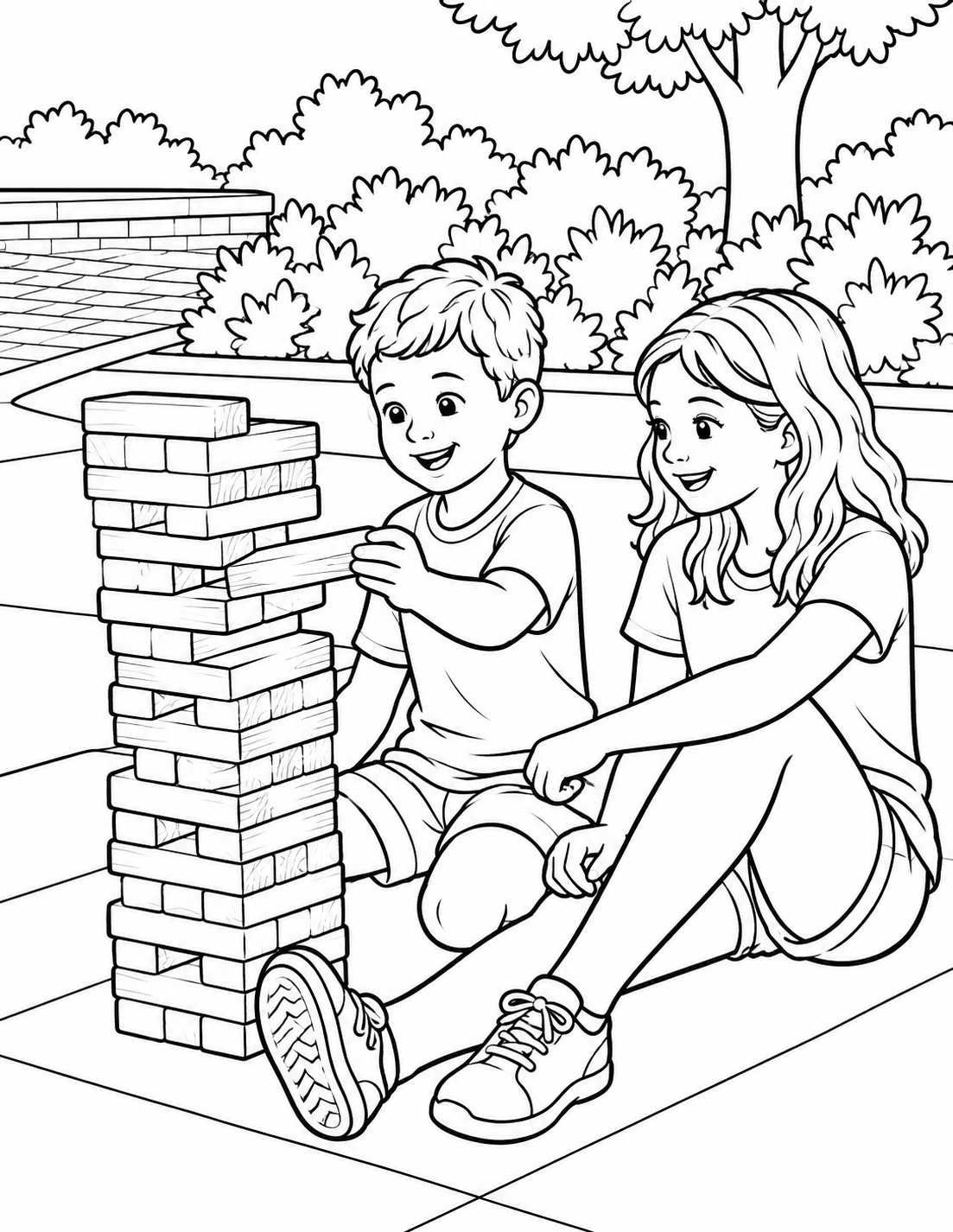 Two children at Elm Street Park carefully add one broad wooden block to a tall freestanding tower; retain the verified brick plaza and planting-bed relationship, with only one game in focus.
