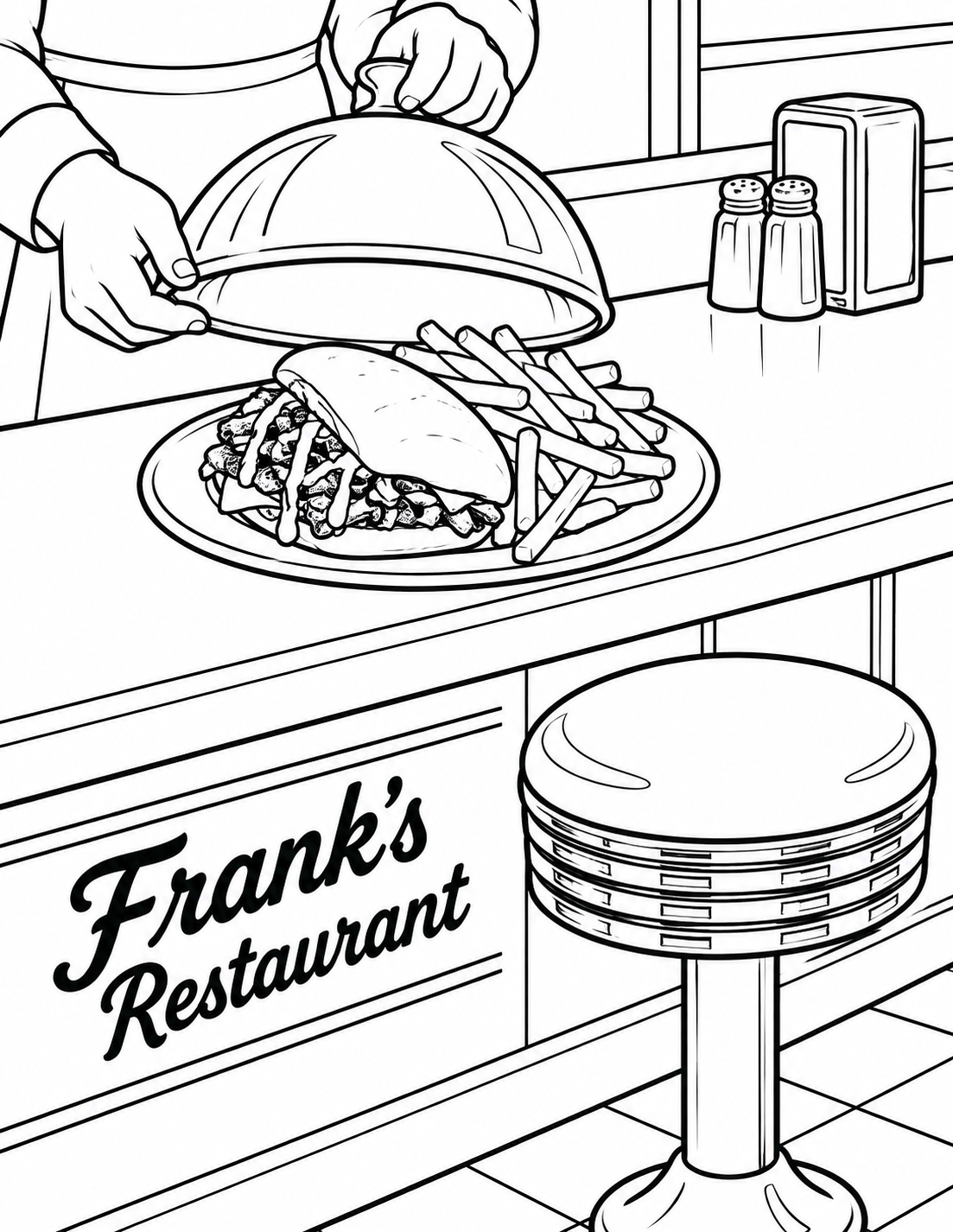 A server’s adult hands lift a polished metal cloche to reveal one neatly plated diner meal on the counter beside a distinctive round diner stool. Keep all food on the plate, the plate on the counter, and the stool feet on the floor. Show no animals, insects or mascots anywhere in the scene.