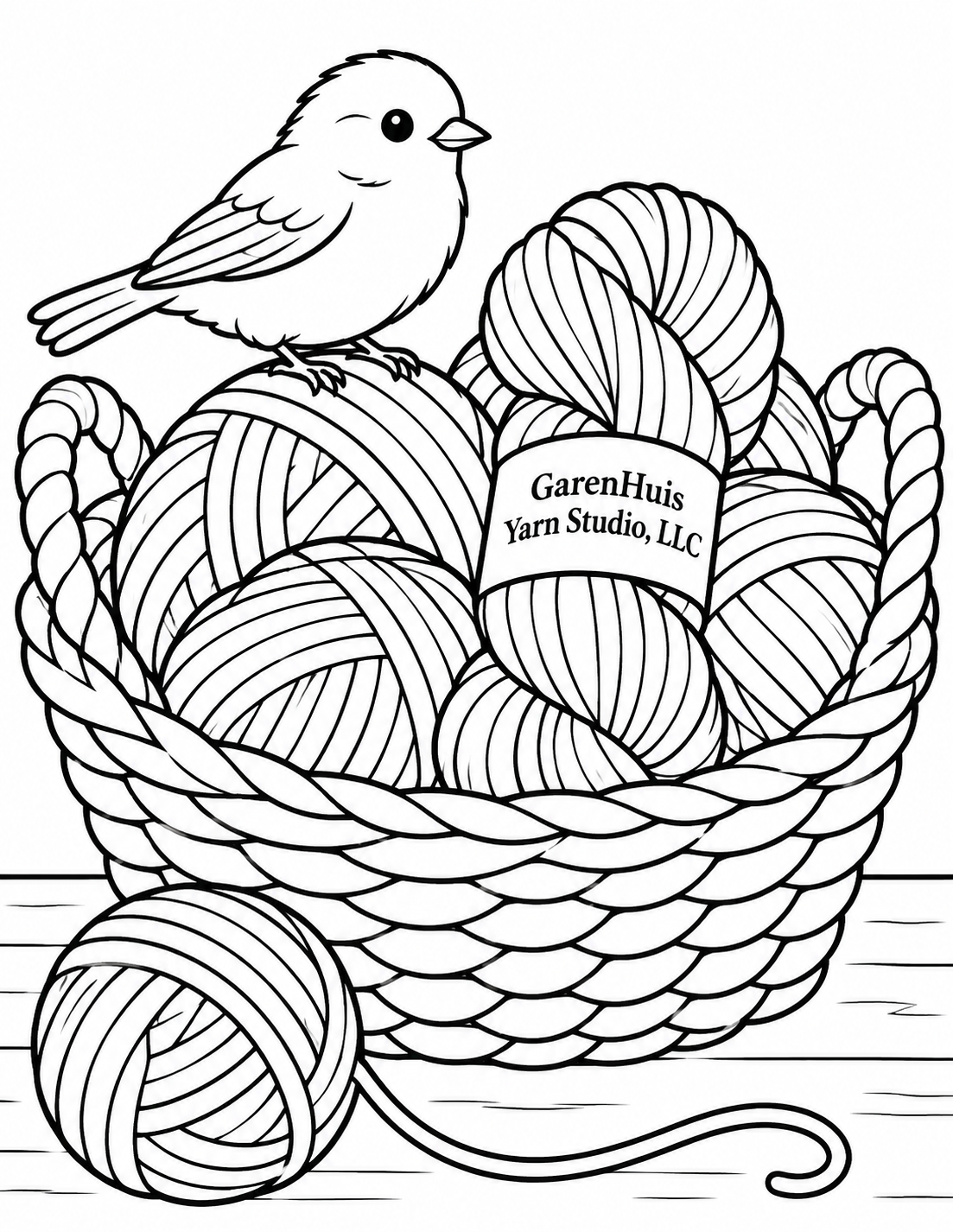A small bird settles among oversized yarn balls in a deep basket; texture remains sparse and colorable.