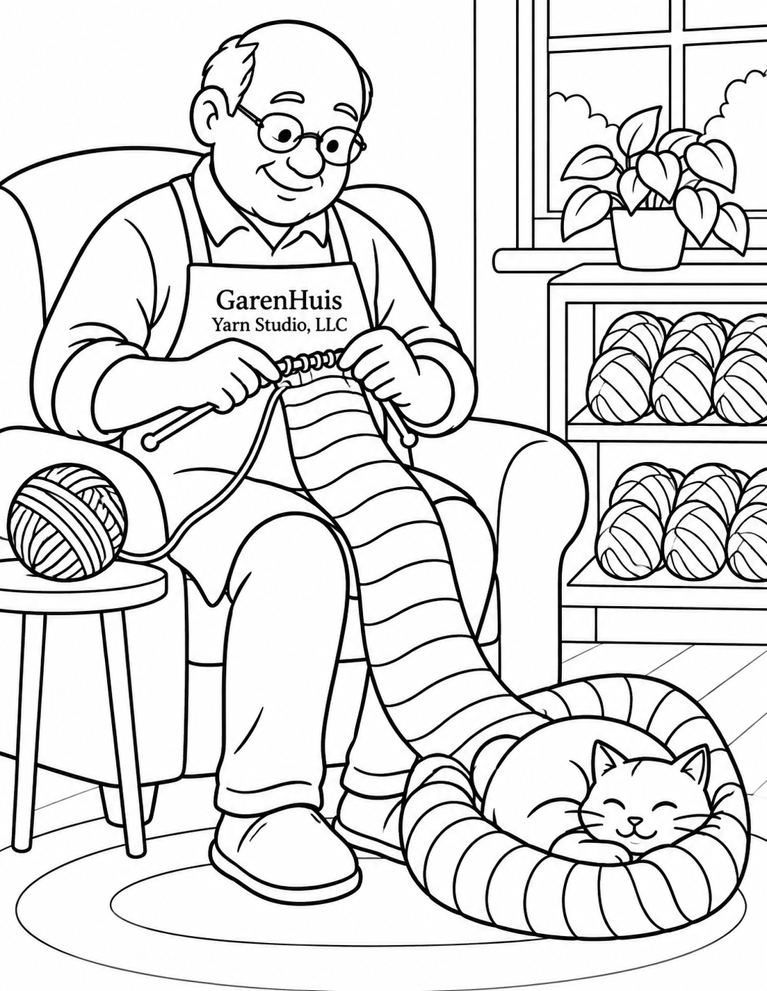An older man knits a broad striped scarf that drapes into a comfortable cat nest at his feet; continuous yarn runs from ball to needles.