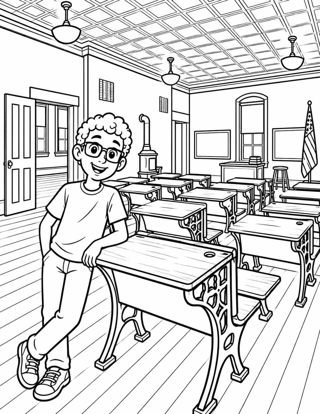 A child leans beside a real school desk without standing on the artifact; preserve desk rows and room perspective from one view.