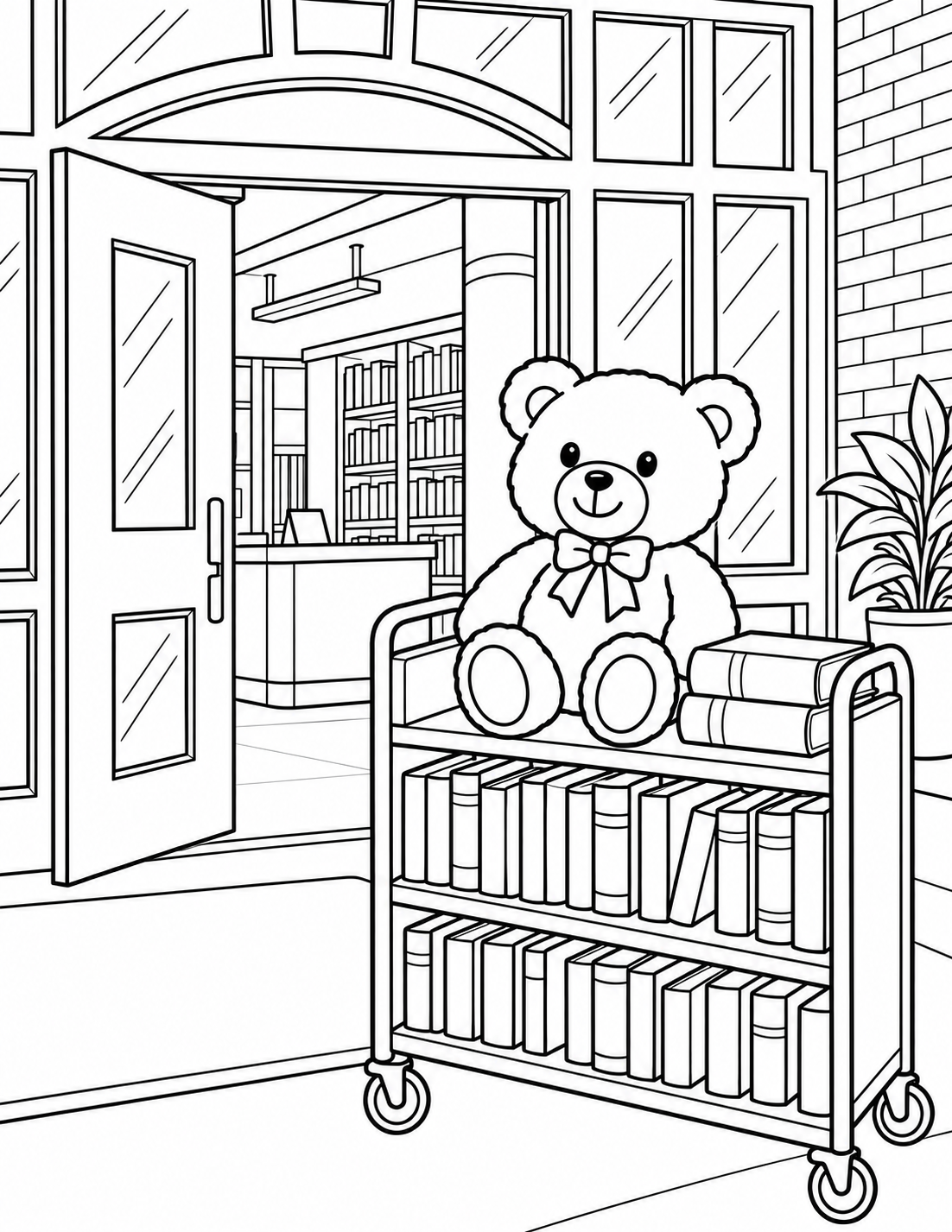 A fictional plush bear sits on a library cart beside a few large books; use a verified cart/room detail only if observed.
