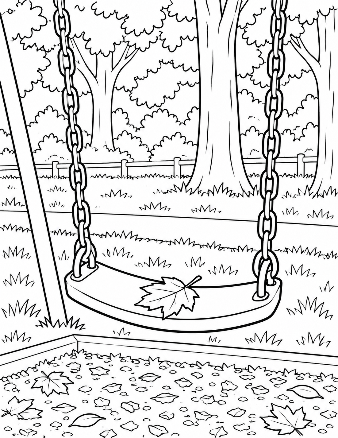 A single broad autumn leaf rests on a swing seat, with its chains and frame coherently supported; quiet place detail.