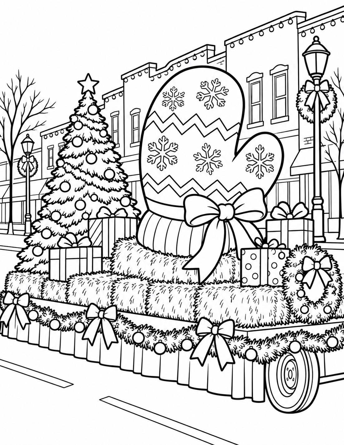A huge imaginary mitten becomes a friendly parade float on a structurally coherent platform; use actual seasonal route context only if photographed.