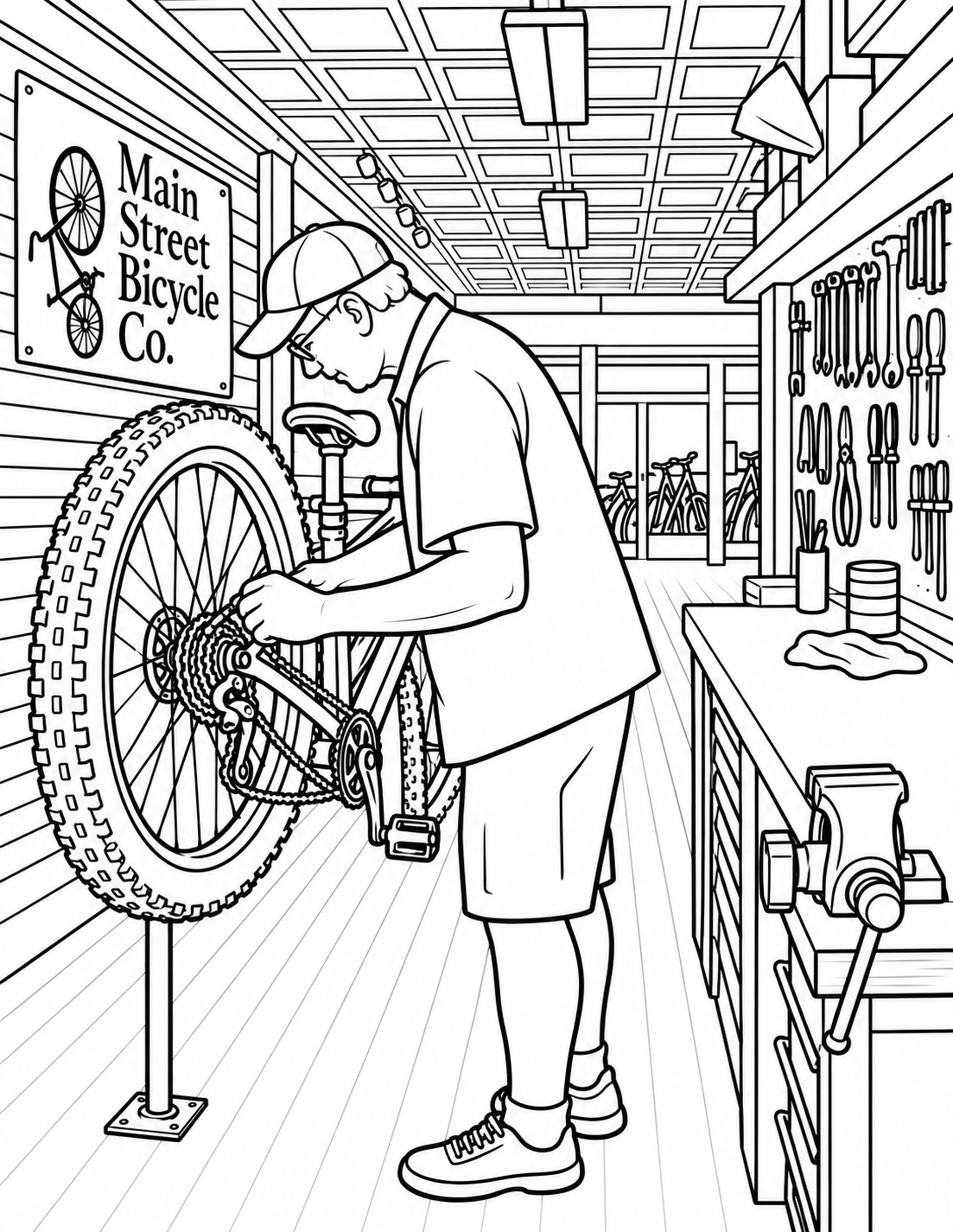 Fresh redraw. Inside the photographed Main Street Bicycle Co. workshop, show the intentionally selected older male worker repairing a supported bicycle wheel. Use the reference layout: large bicycle and wheel at left, worker leaning forward beside it, long workbench and a simplified wall of recognizable tools at right, patterned metal ceiling above. Show both hands doing one clear adjustment at the rear hub. Keep the bicycle support, axle, chain and sprockets mechanically coherent. Put the exact text "Main Street Bicycle Co." once on a simple wall sign derived from the identity reference. Omit every other brand and incidental word.