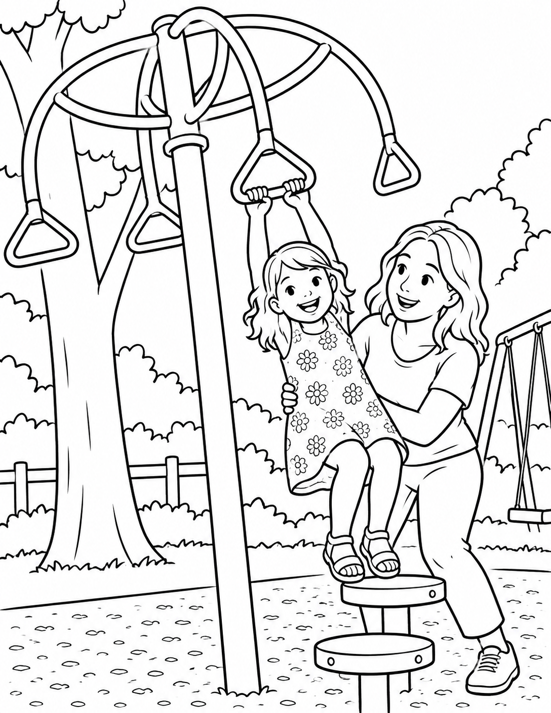 A toddler uses one low photographed play feature with an adult close enough to help; child proportions and contact points are explicit.