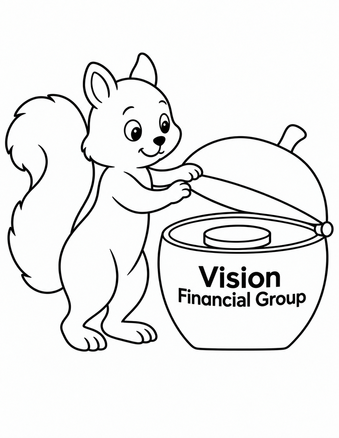 A squirrel closes a hinged acorn-shaped savings chest with two separate paws above one saved coin.