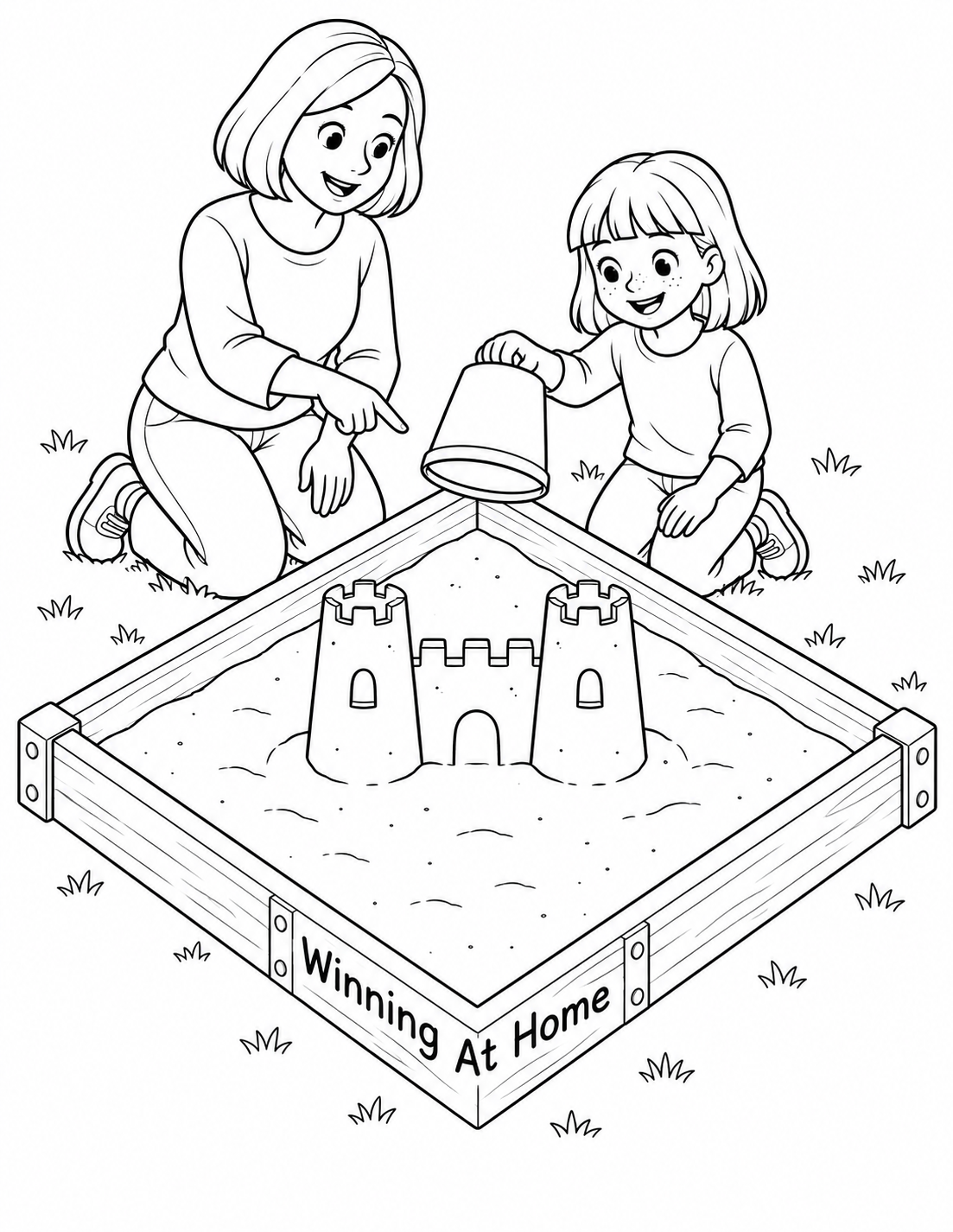 A mother and girl build a castle together in a clearly shaped square sandbox.