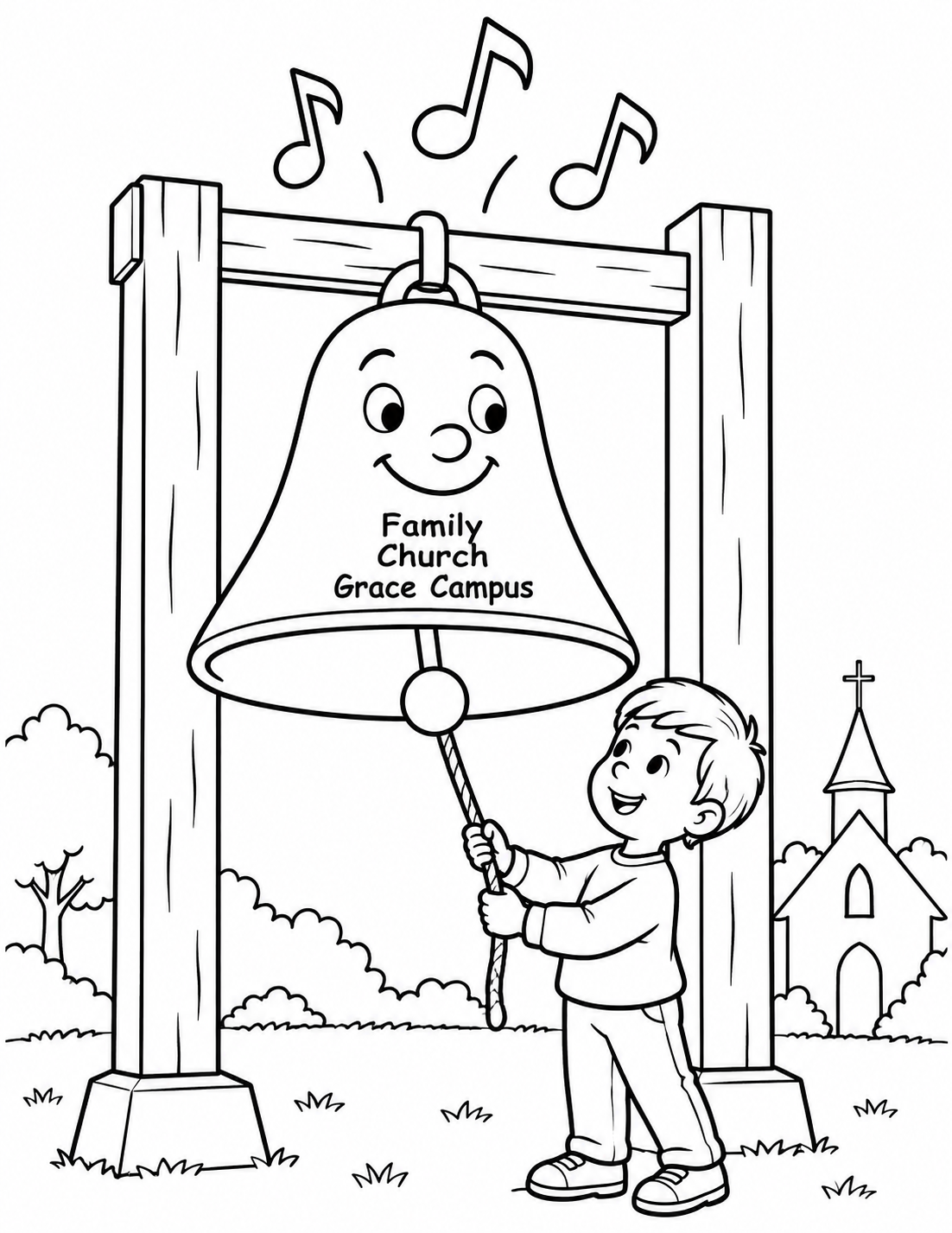 A boy pulls a smiling church bell’s rope with both hands beneath three musical notes.