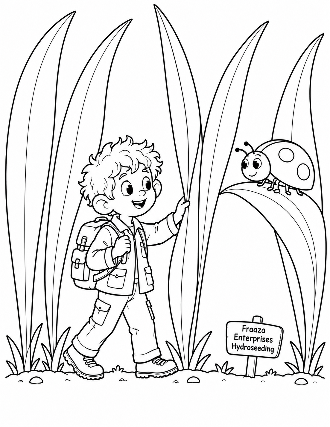 A tiny backpacked boy explores giant grass and meets a ladybug.
