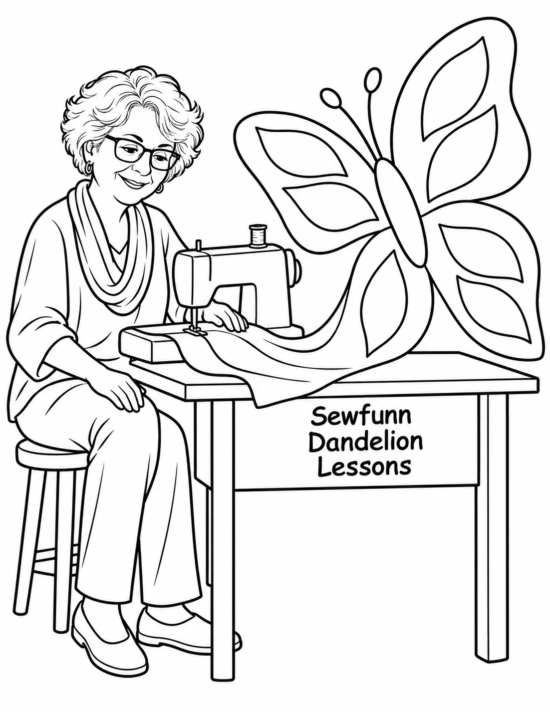 Julie sits at a sewing machine while the broad cloth becomes an enormous fabric butterfly.