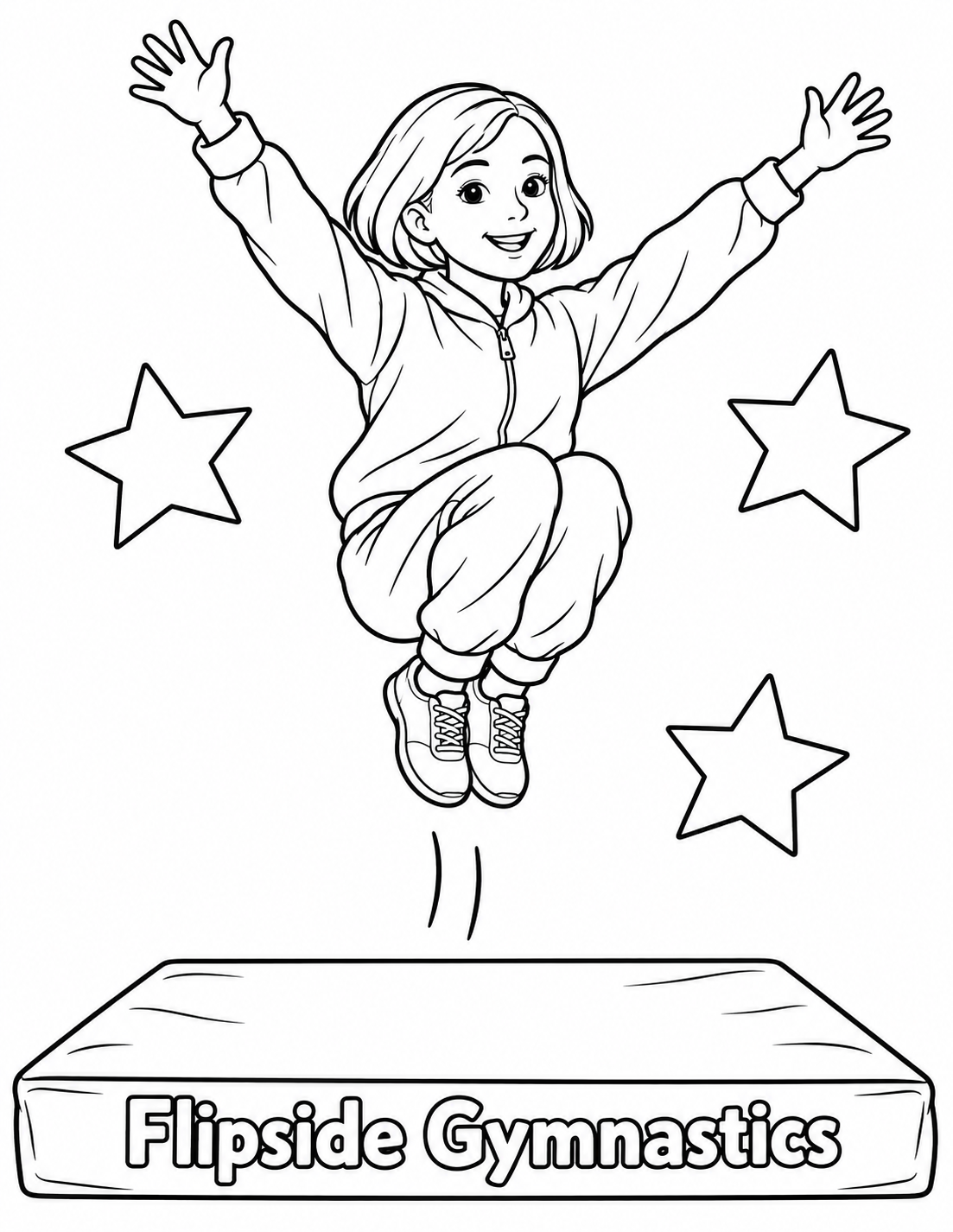 A smiling girl makes a tuck jump above a named gymnastics mat and three stars.