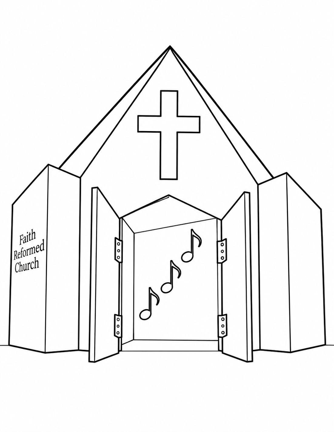 A folded paper church opens two doors and lets three large music notes rise from its entrance.