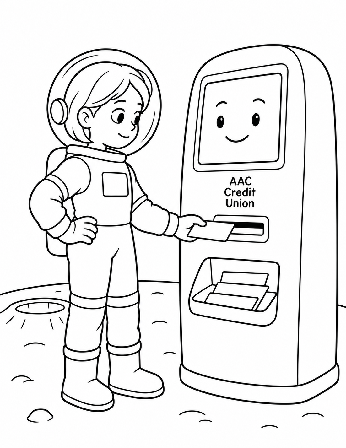 An astronaut girl uses a smiling ATM on the moon, with a blank card and three blank notes in its tray.
