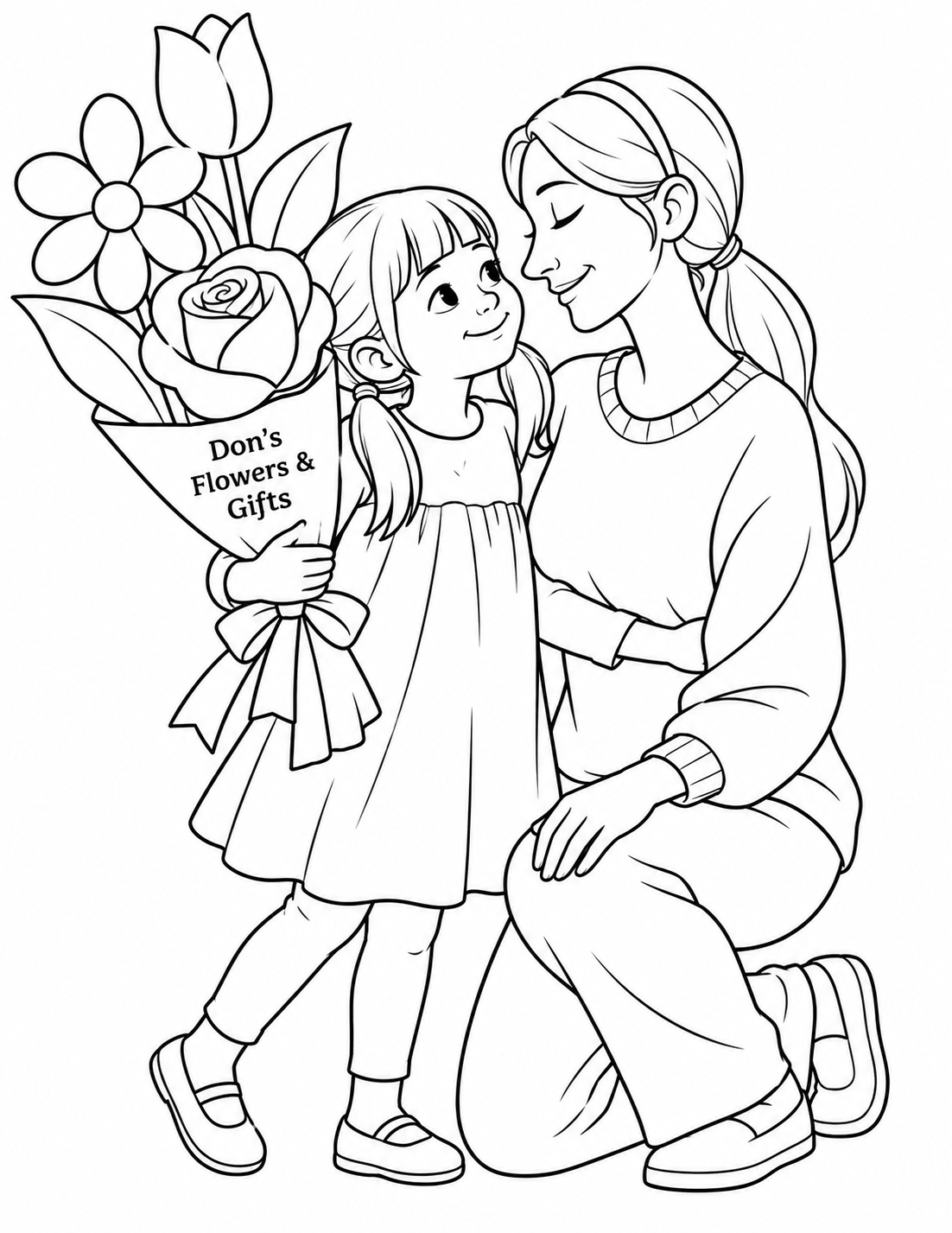 A girl holding three giant flowers steps into a hug with her kneeling mother.